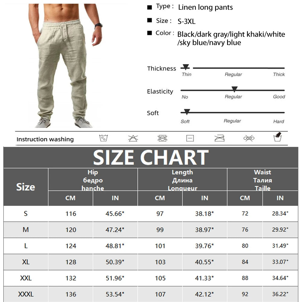 Men's Cotton Linen Long Pants Summer Solid Color Breathable Linen Trousers Male Casual Elastic Waist Casual Pants Harajuku Trous