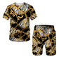 Summer 3D printed T-shirt shorts 2-piece casual men's set pattern men's sports set gold luxurious retro short sleeved set