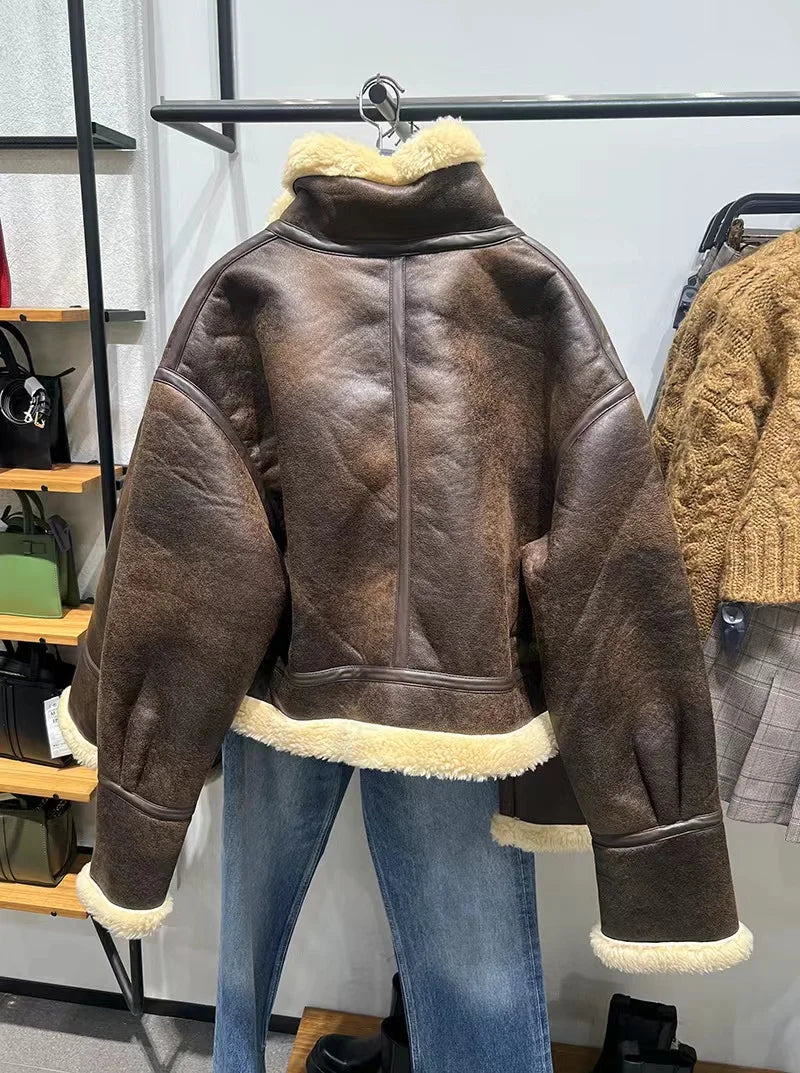 RARF 2024 New Autumn Winter Women Faux Lamb Fur Short Jacket Vintage Female Moto Biker Zipper Thick Warm Coat Fleece Outwear