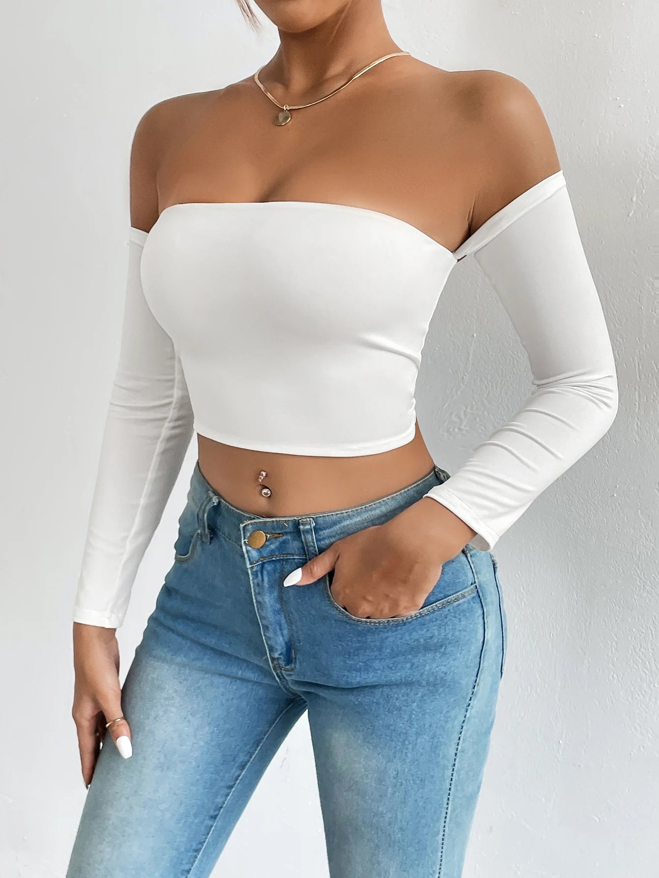 Off Shoulder Crop T-Shirt, Casual Long Sleeve Top For Spring & Fall, Women's Clothing