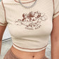 Women's Stylish Angel Letter Printed T-Shirt Short Sleeve Round Neck Contrast Stitch Slim Fit Wild Casual Crop Tops for Summer