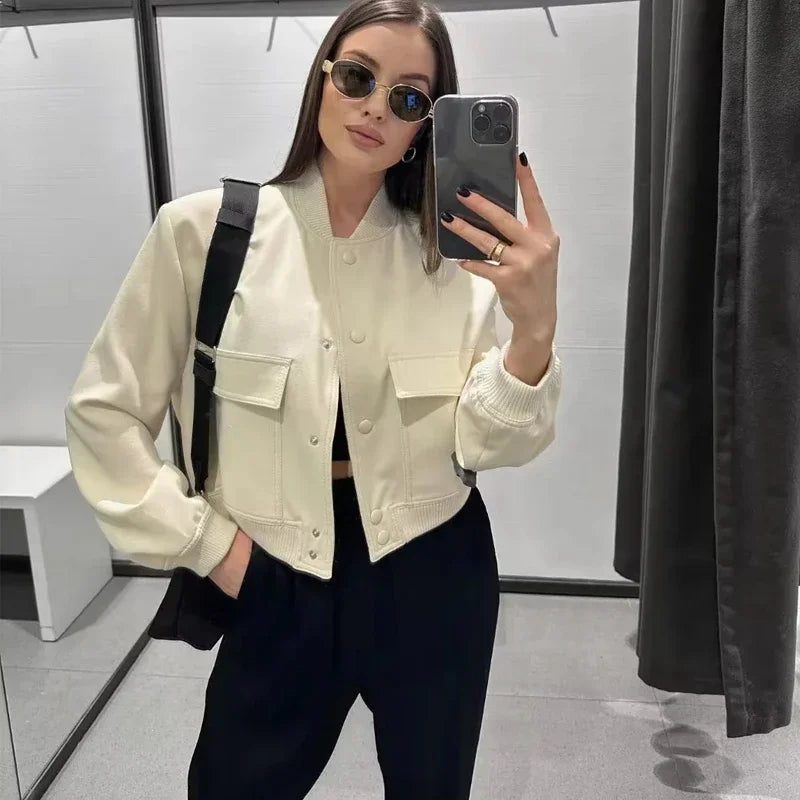 ASDS woman bomber jacket coat White autumn winter button baseball aviator cropped jackets for women long sleeve crop outerwear