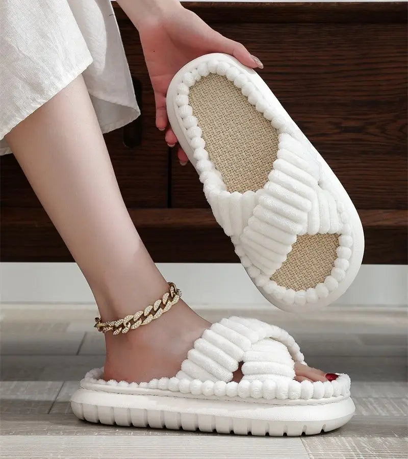 1pc Plus Size Lady Flat Fashion Trend Sweat-Absorbant Anti-Od Open Toe Cross Plush Fluffy Fur Home Slippers for Women