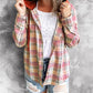 Women Autumn Hooded Collar Plaid Sweatshirt Tide Drawstring Loose Casual Hoodies Button With Chest-pocket