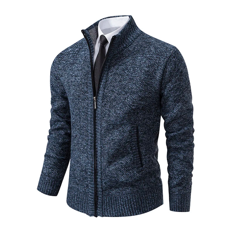 Autumn And Winter New Jersey Men's Casual Sports Coat Solid Color Stand Collar Wweater Grab Fleece Warm Zipper Cardigan