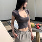 2023 Summer Slim T-Shirt Women Sexy Short Sleeve T Shirt U-Neck Gray Tee Female Solid Basic Black/White Korean Crop Tops Hot Y2k