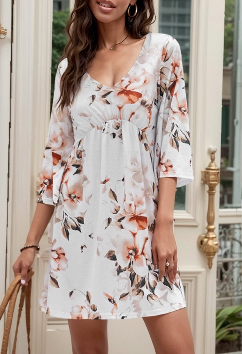 2024 Summer Thin Three-Quarter Sleeve Dress Women Fashion New Arrival Pullover V-neck Fashion Floral Knee-Length Skirt Women