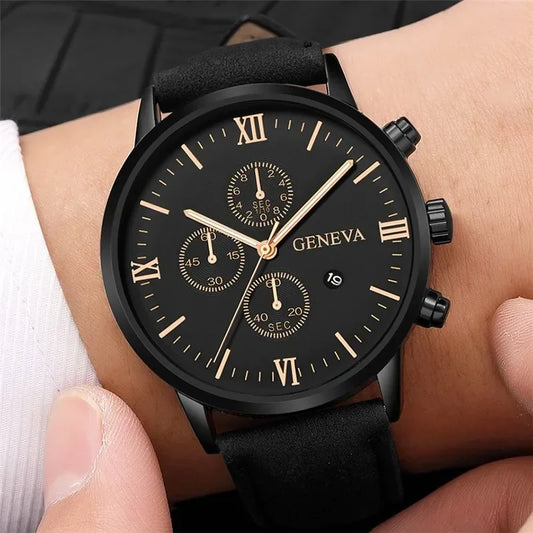 Black Quartz Watch Men w/ Roman Dial