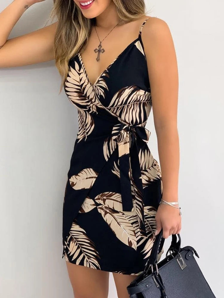 V Neck Leaf Print Mini Dress