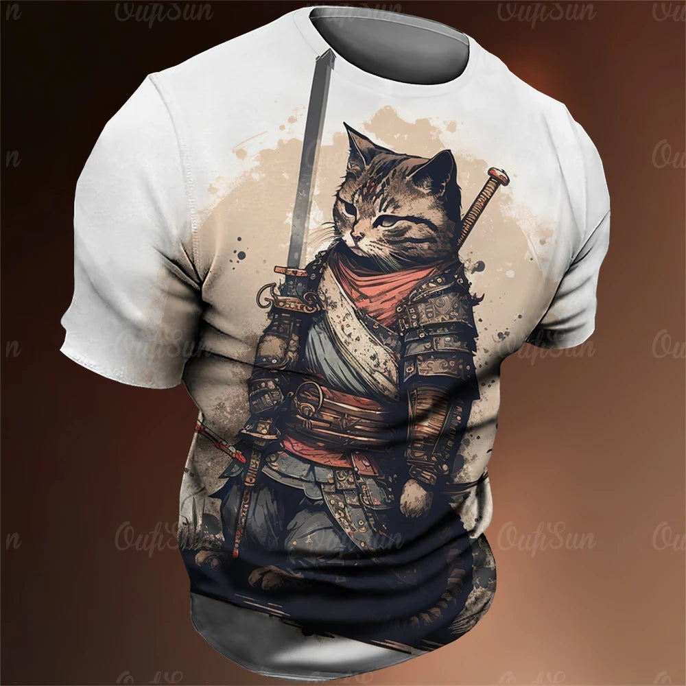 Y2K Samurai Cat Graphic T-Shirts - Men