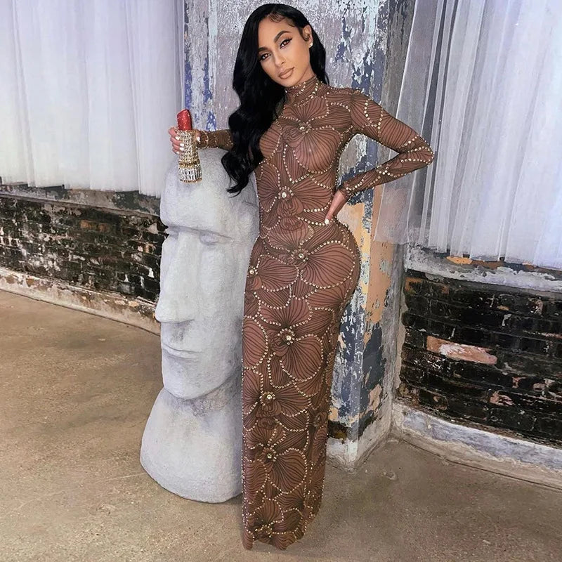 Summer Clothes Women Long Sleeve Party Club Evening Bodycon See Through Long Dress Wholesale Items For Business