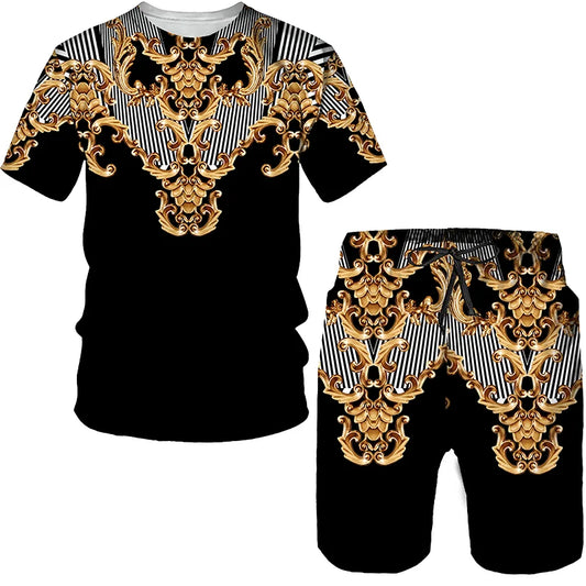 Summer 3D printed T-shirt shorts 2-piece casual men's set pattern men's sports set gold luxurious retro short sleeved set