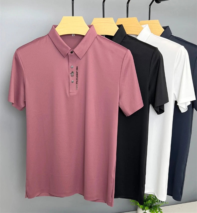 High quality ice silk breathable short sleeve T-shirt Men's 2023 Summer Fashion Embroidery Casual Elastic Comfort polo shirt