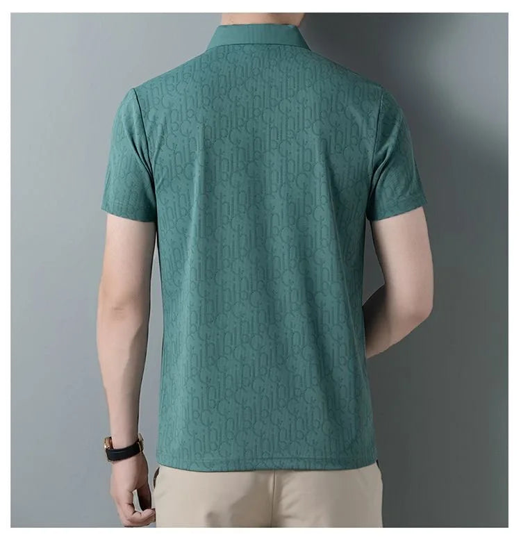 High end brand polo shirt short sleeved men's light luxury embossed top silk cool casual 2024 summer breathable lapel T-shirt