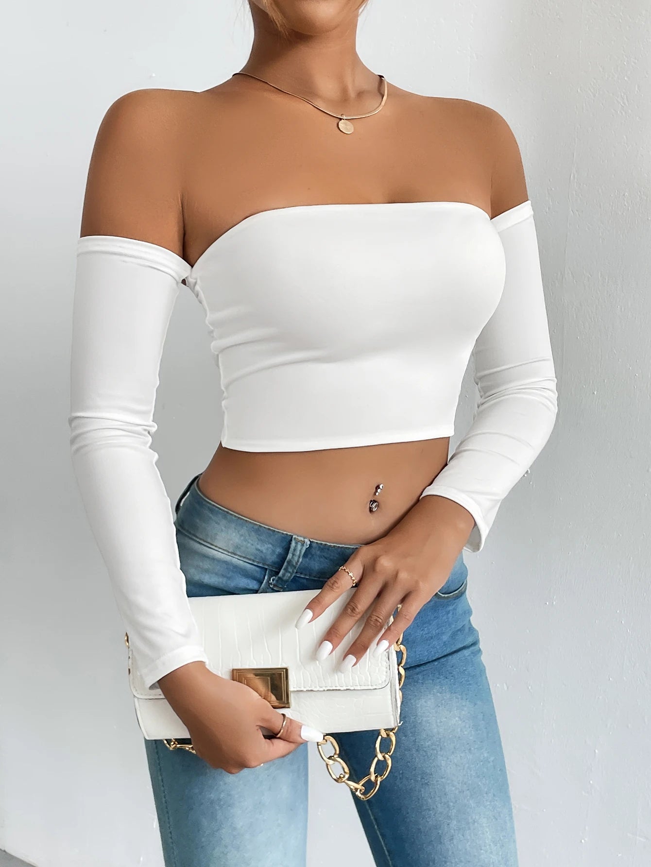 Off Shoulder Crop T-Shirt, Casual Long Sleeve Top For Spring & Fall, Women's Clothing