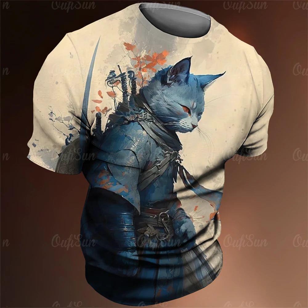 Y2K Samurai Cat Graphic T-Shirts - Men