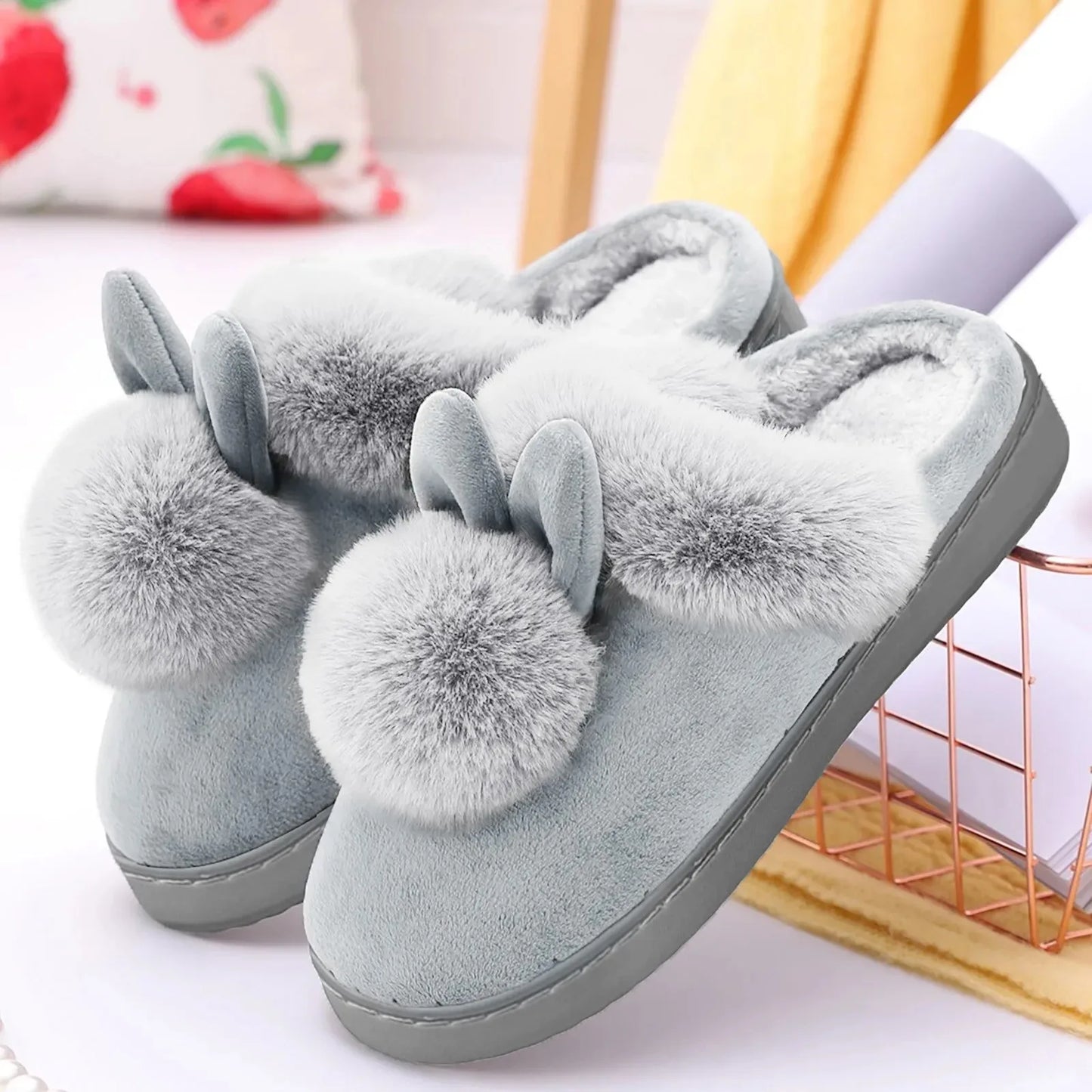 Winter Warm Home Fur Slippers Womens Indoor Home Rabbit Shoe Furry Ears Footwear Indoor Bedroom Flat Heels Fluffy Slippers Shoes