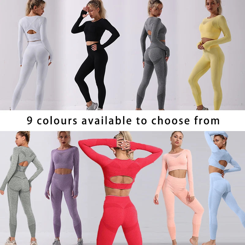 2PCS Seamless Women Sports Suits Yoga Set Workout Sportswear Gym Clothing Fitness Long Sleeve Crop Top High Waist Leggings