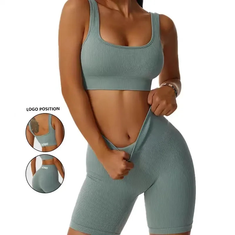 Ribbed Yoga Sport Set Women Seamless Crop Top Bra Shorts Yoga Set Comfort Elastic Sportsuit Workout Outfit Fitness Gym Clothes