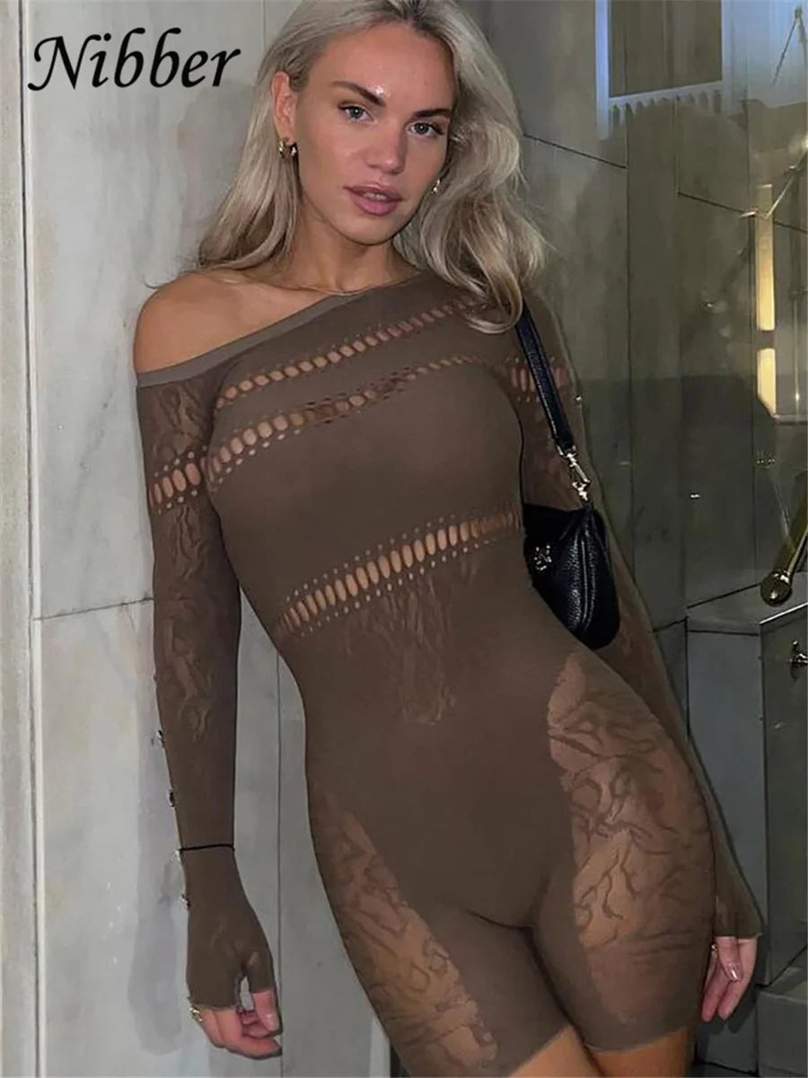 Y2K Lace Hollowing Mesh See Through Midnight Bodysuit