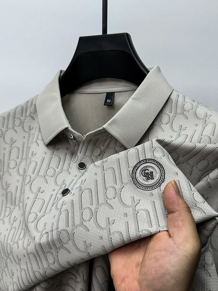 High end brand polo shirt short sleeved men's light luxury embossed top silk cool casual 2024 summer breathable lapel T-shirt