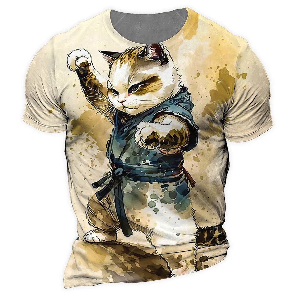 Y2K Samurai Cat Graphic T-Shirts - Men