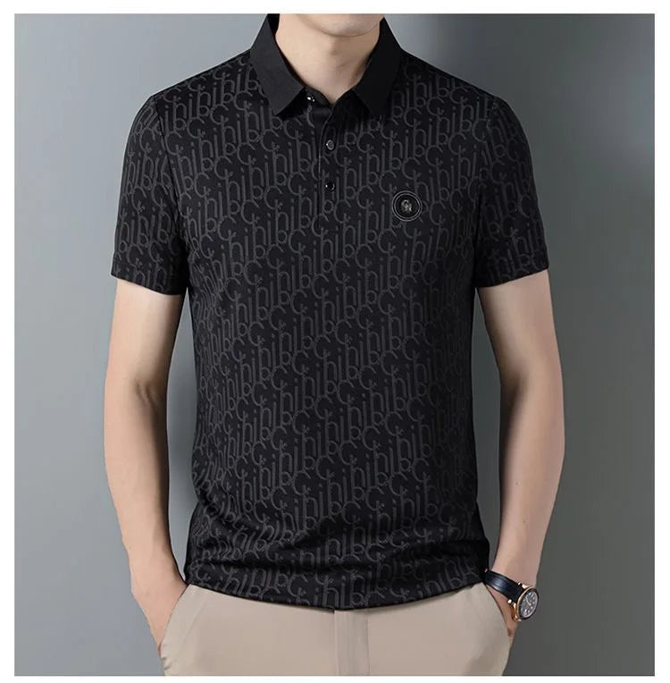 High end brand polo shirt short sleeved men's light luxury embossed top silk cool casual 2024 summer breathable lapel T-shirt