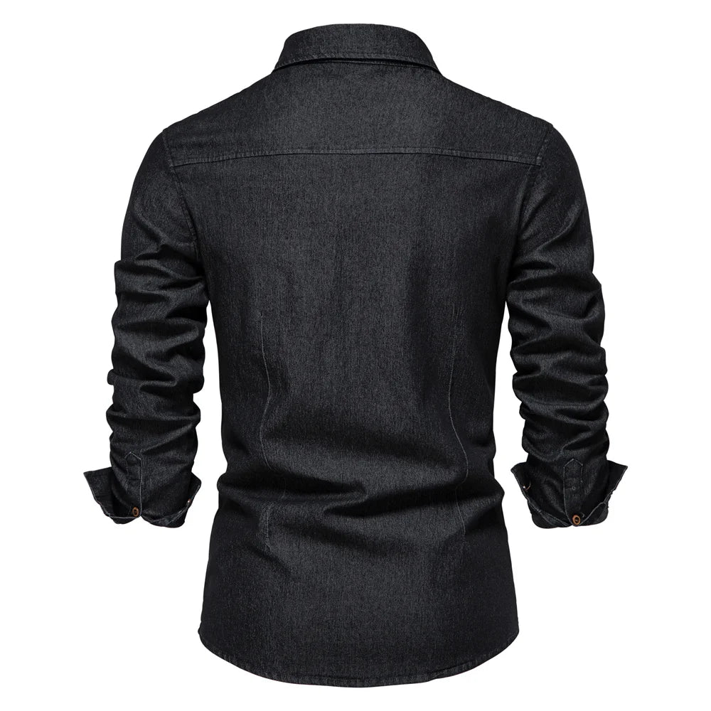 AIOPESON Brand Elastic Cotton Denim Shirt Men Long Sleeve Quality Cowboy Shirts for Men Casual Slim Fit Mens Designer Clothing