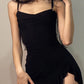 Sexy Mini Dress Women Summer New Black Sleeveless Strap Backless Folds Bodycon Split Dress Streetwear Elegant Party A-LINE Dress