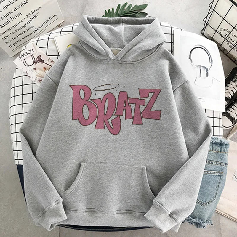 Bratz Letter Printed Plus Size Hooded Sweatshirt Men Women Hoodie Hip Hop Long Sleeve Streetwear Unisex Comfortable Clothes Tops