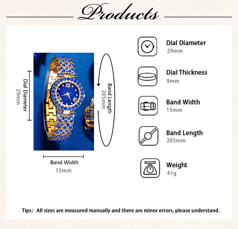 New Luxury Watch Women Necklace Earring Blue Rhinestone Fashion Wristwatch Casual Ladies Watches Jewelry Set Relogio Feminino