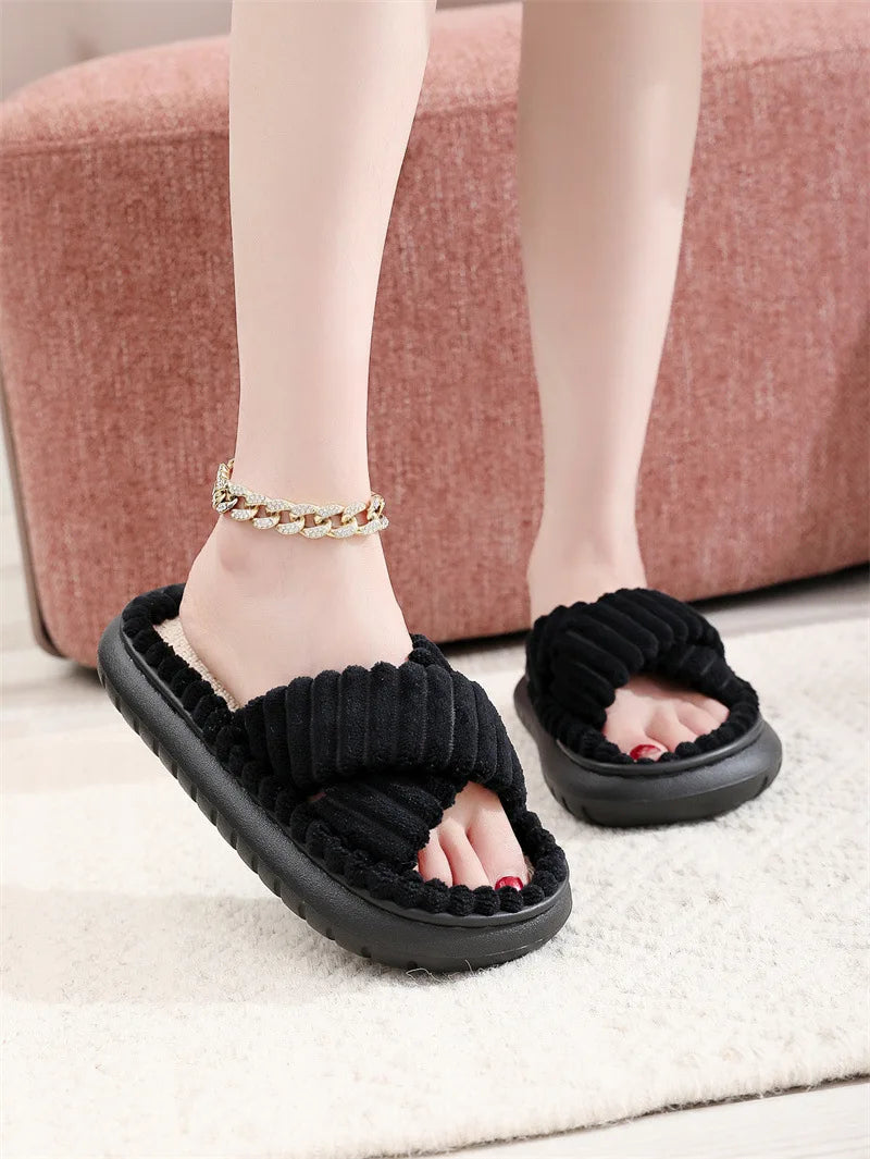 1pc Plus Size Lady Flat Fashion Trend Sweat-Absorbant Anti-Od Open Toe Cross Plush Fluffy Fur Home Slippers for Women