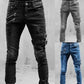 Elastic-Waist Retro Moto Biker Straight Leg Jeans