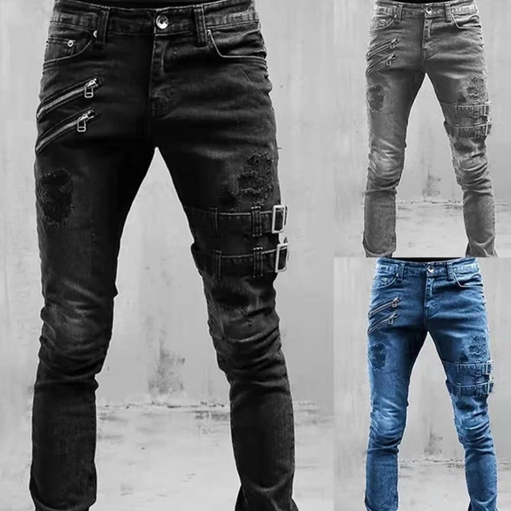 Elastic-Waist Retro Moto Biker Straight Leg Jeans