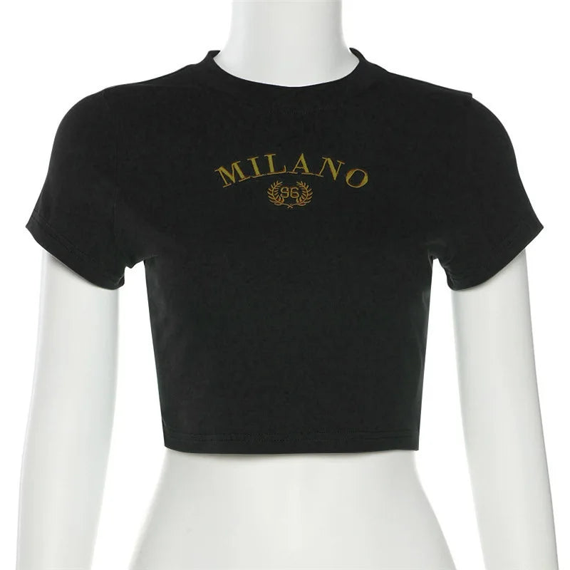 Summer Black Sexy Women's T-shirt Clothese Short Sleeve Casual Crop Top Letter Embroidery T Shirt Female O-Neck Cropped Tops