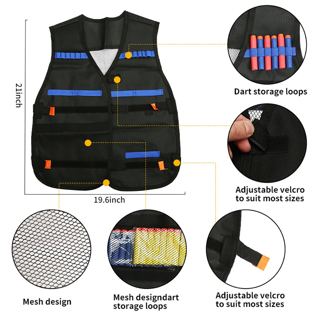 Kids Tactical Vest Kit Nerf Guns Series Refill Darts Reload Clips Tactical Mask Wrist Band and Protective Glasses Nerf Vest Toys