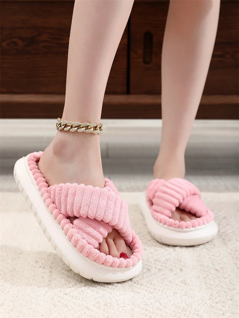 1pc Plus Size Lady Flat Fashion Trend Sweat-Absorbant Anti-Od Open Toe Cross Plush Fluffy Fur Home Slippers for Women