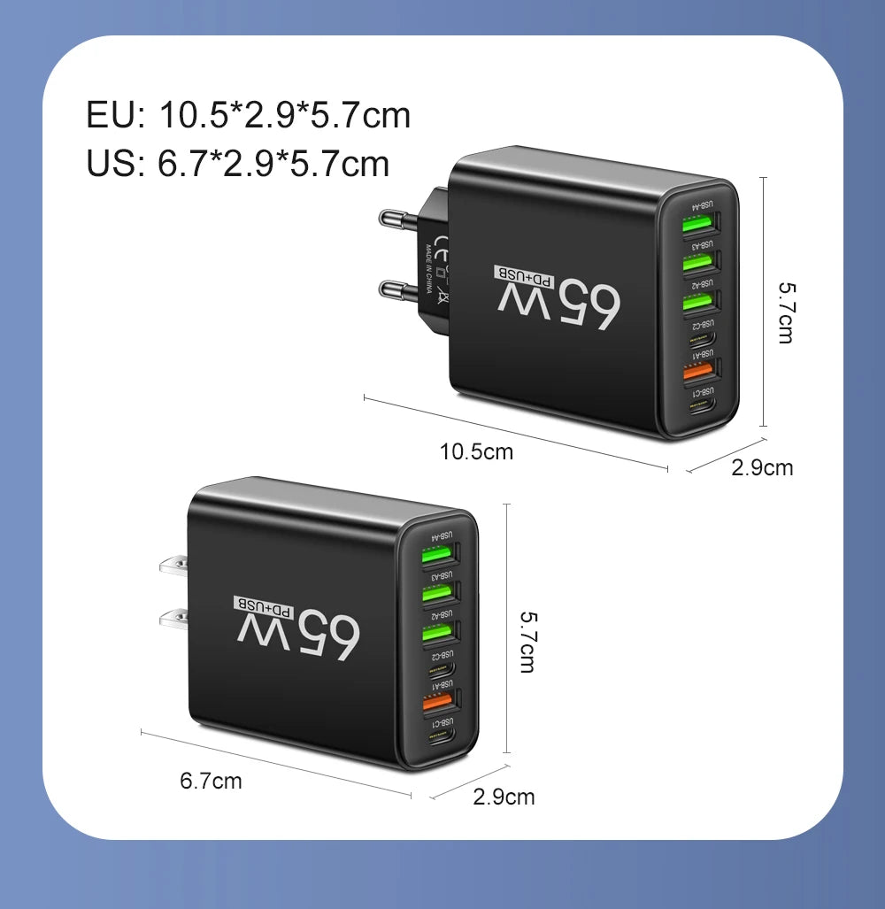 USB Charger 65W Mobile Phone Charger Fast Charging For Xiaomi Samsung Huawei P70 Travel Charger Adaptor For iPhone Quick Charger