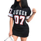 New Fashion V-Neck Queen Letters Print Dress Short Sleeve Football Sporty Style Sexy Loose Female Clothing Streetwear