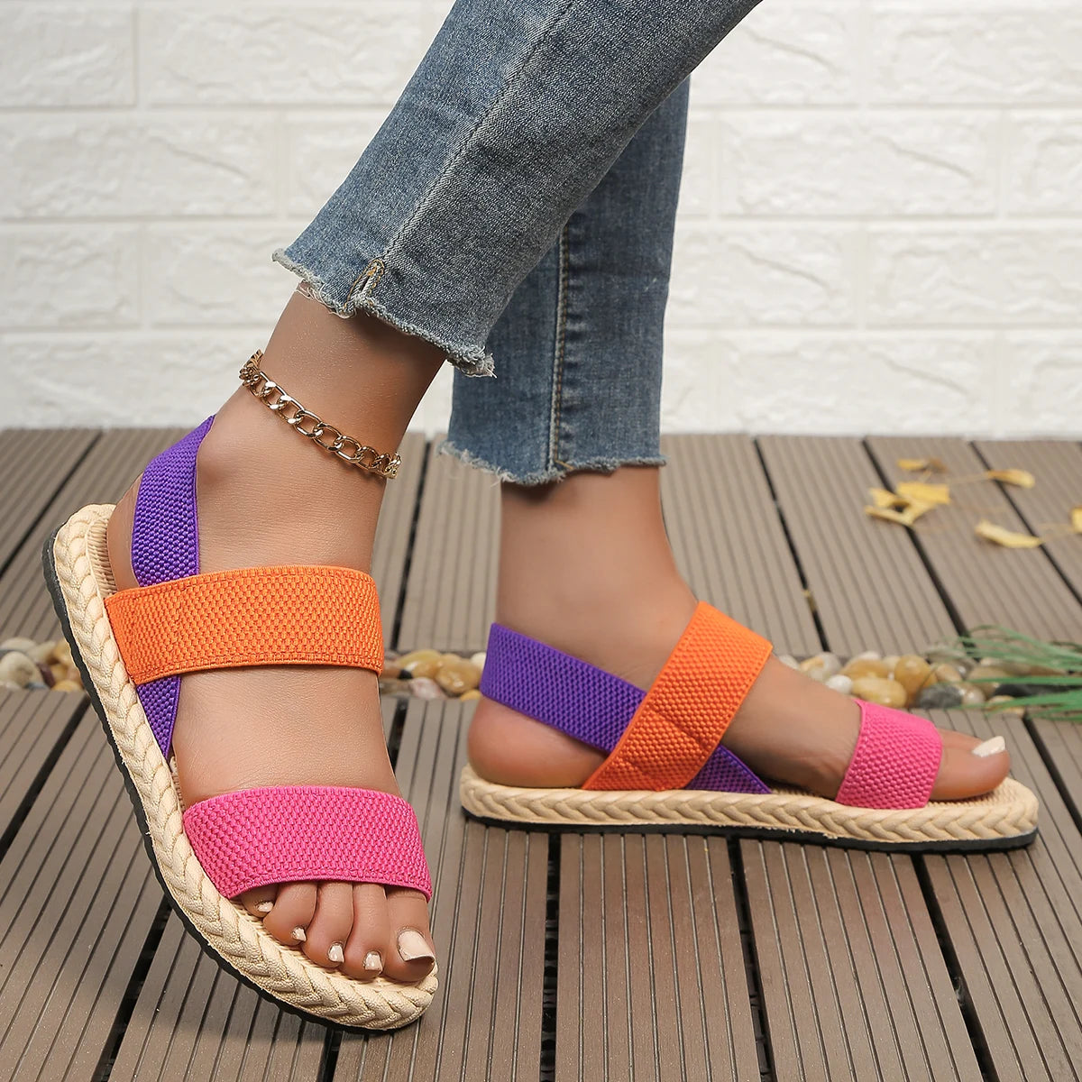 Women's fashion trend anti-slip wear-resistant multi-color matching elastic flat sandals