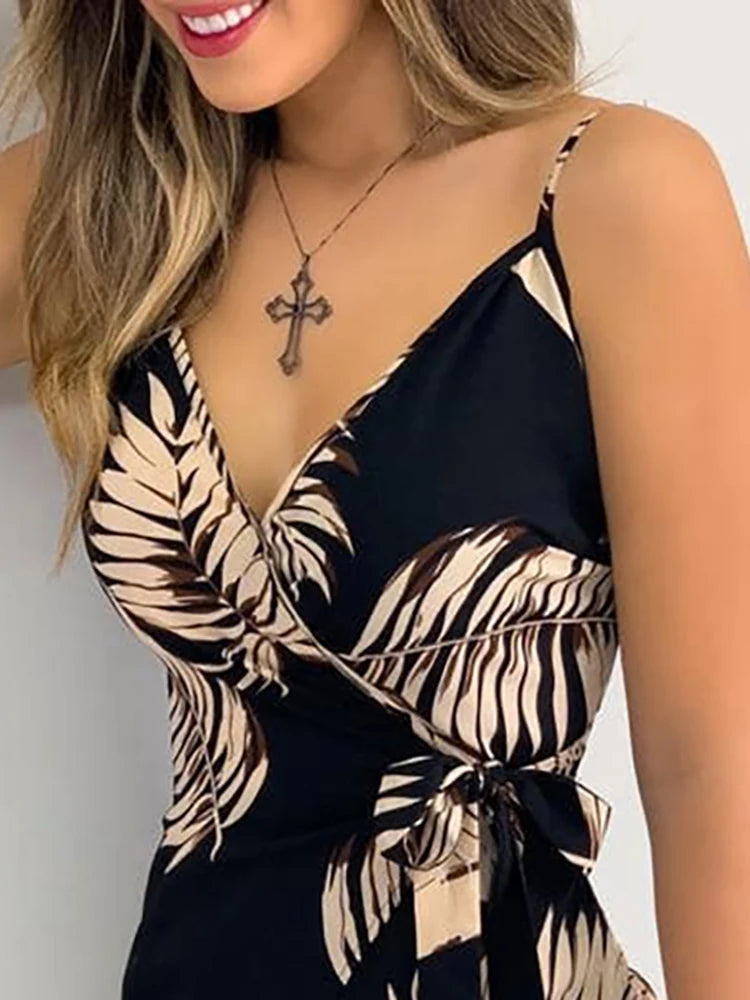 V Neck Leaf Print Mini Dress