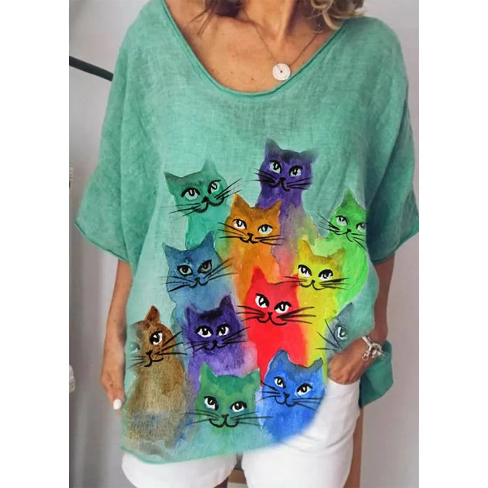 Retro Women's T Shirt Anime Cat Graphic Girl Clothes Summer V-neck Short Sleeve Tees Female Harajuku Streetwear Oversized Blouse