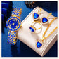 New Luxury Watch Women Necklace Earring Blue Rhinestone Fashion Wristwatch Casual Ladies Watches Jewelry Set Relogio Feminino