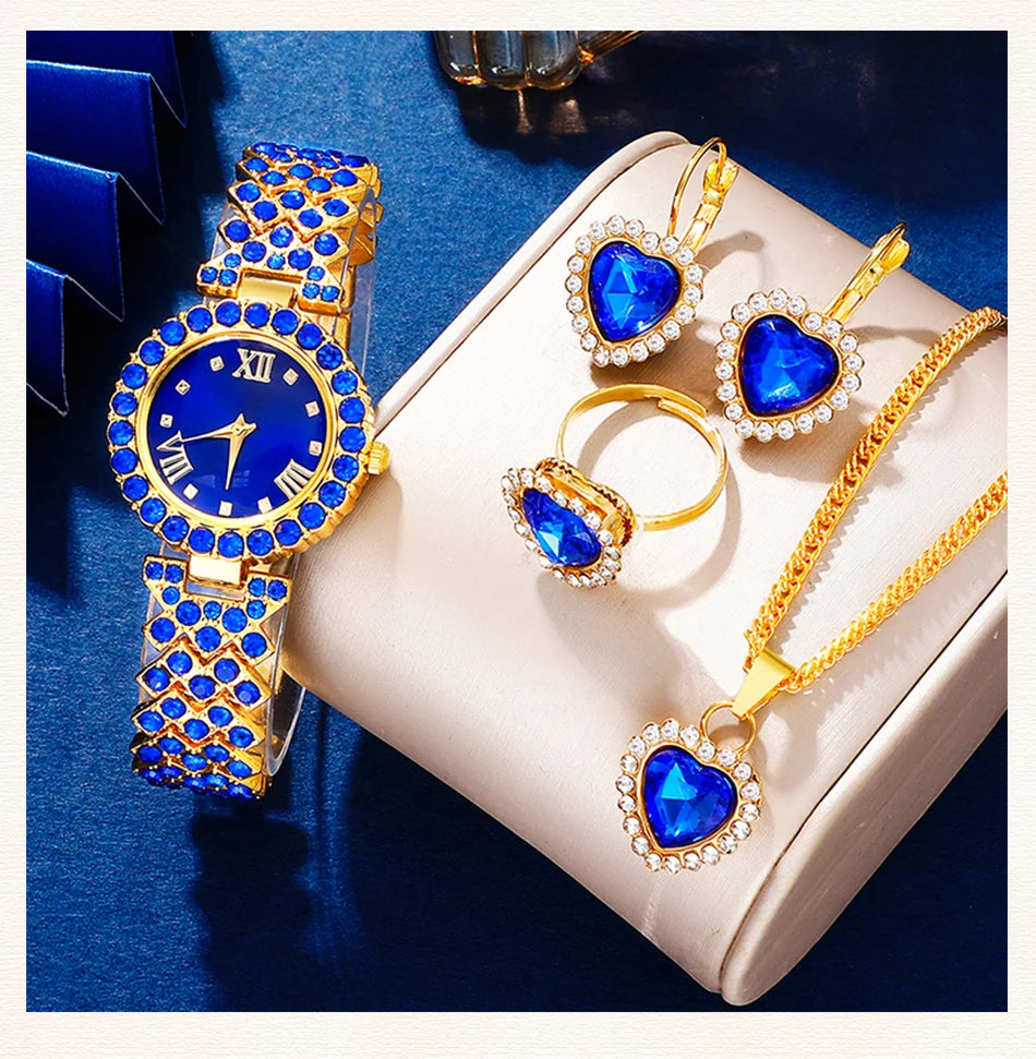 New Luxury Watch Women Necklace Earring Blue Rhinestone Fashion Wristwatch Casual Ladies Watches Jewelry Set Relogio Feminino