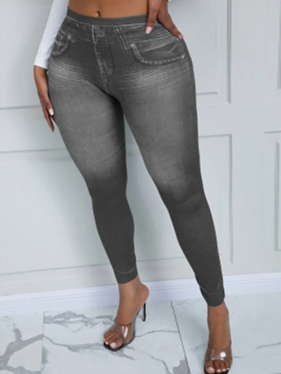 Women Imitation Denim Plus Size Mid-Waist Yoga Pants