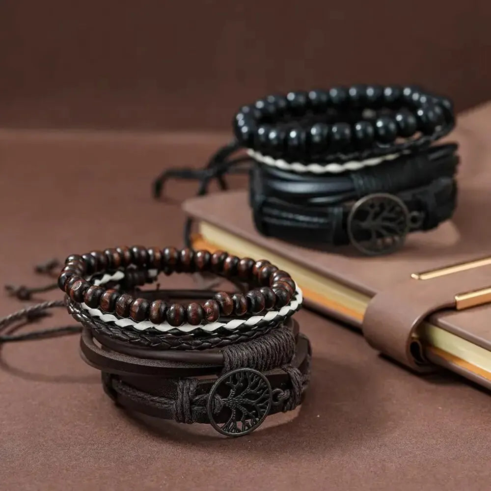 Set Of 3 Black Handmade Woven Pu Leather Bracelet For Men Multi Pack Fashion Vintage Braided Bangle As Birthday Gift