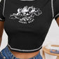 Women's Stylish Angel Letter Printed T-Shirt Short Sleeve Round Neck Contrast Stitch Slim Fit Wild Casual Crop Tops for Summer