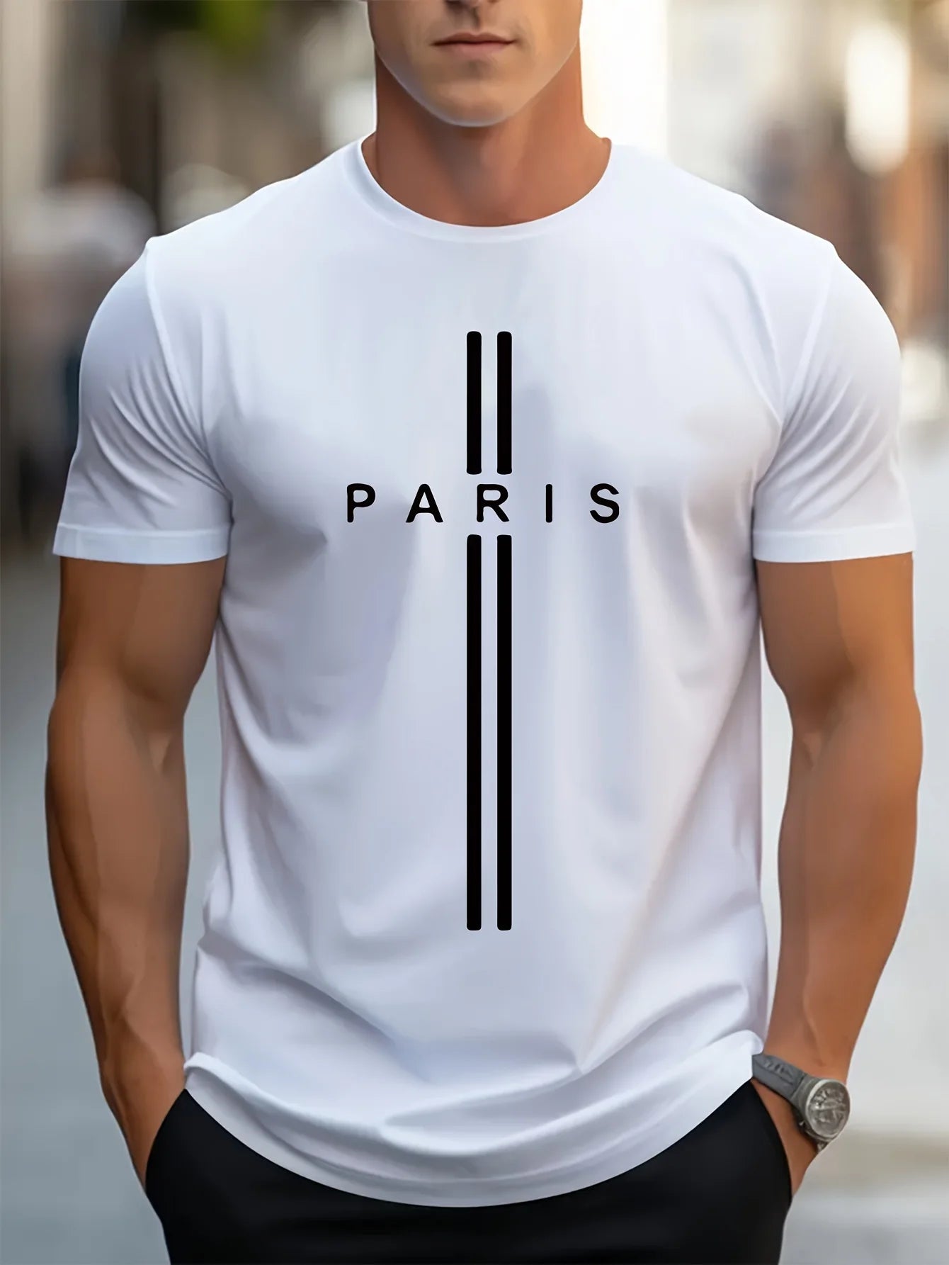 Men's 100% pure cotton summer loose fitting oversized Paris print casual slim fit round neck short sleeved T-shirt top