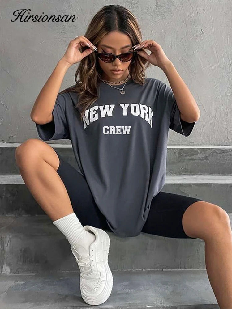 Hirsionsan Oversized Letter Graphic T-shirt Women 2023 Summer Soft O-neck Short Sleeve Tees Female Casual Loose Higt Street Top