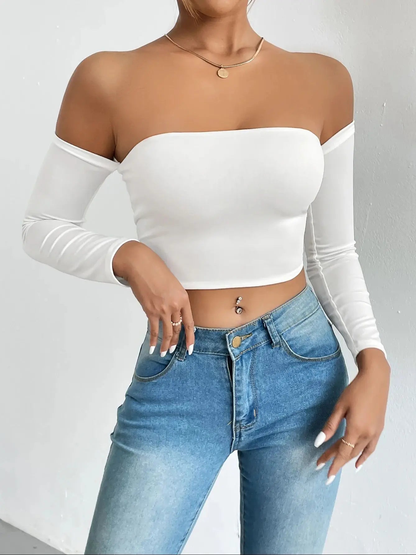 Off Shoulder Crop T-Shirt, Casual Long Sleeve Top For Spring & Fall, Women's Clothing